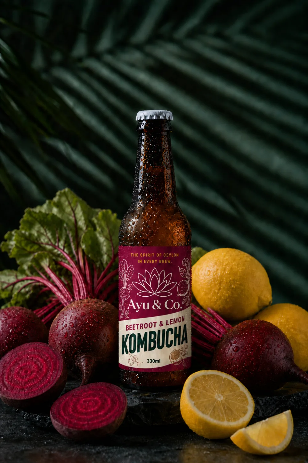 Ayu & Co. Beetroot & Lemon Kombucha bottle surrounded by whole and halved beetroots and lemons