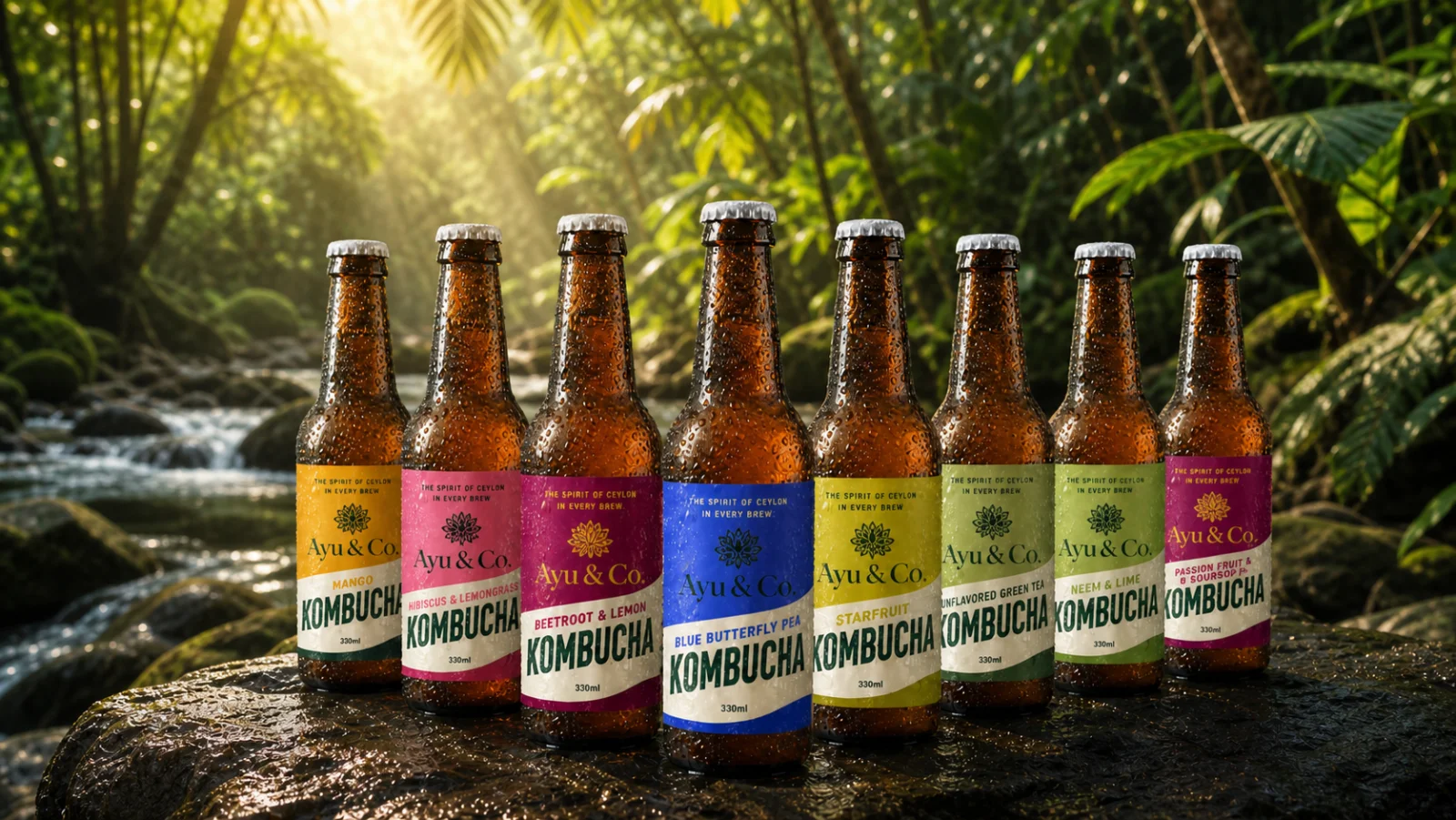 Ayu & Co. kombucha bottles in tropical greenery