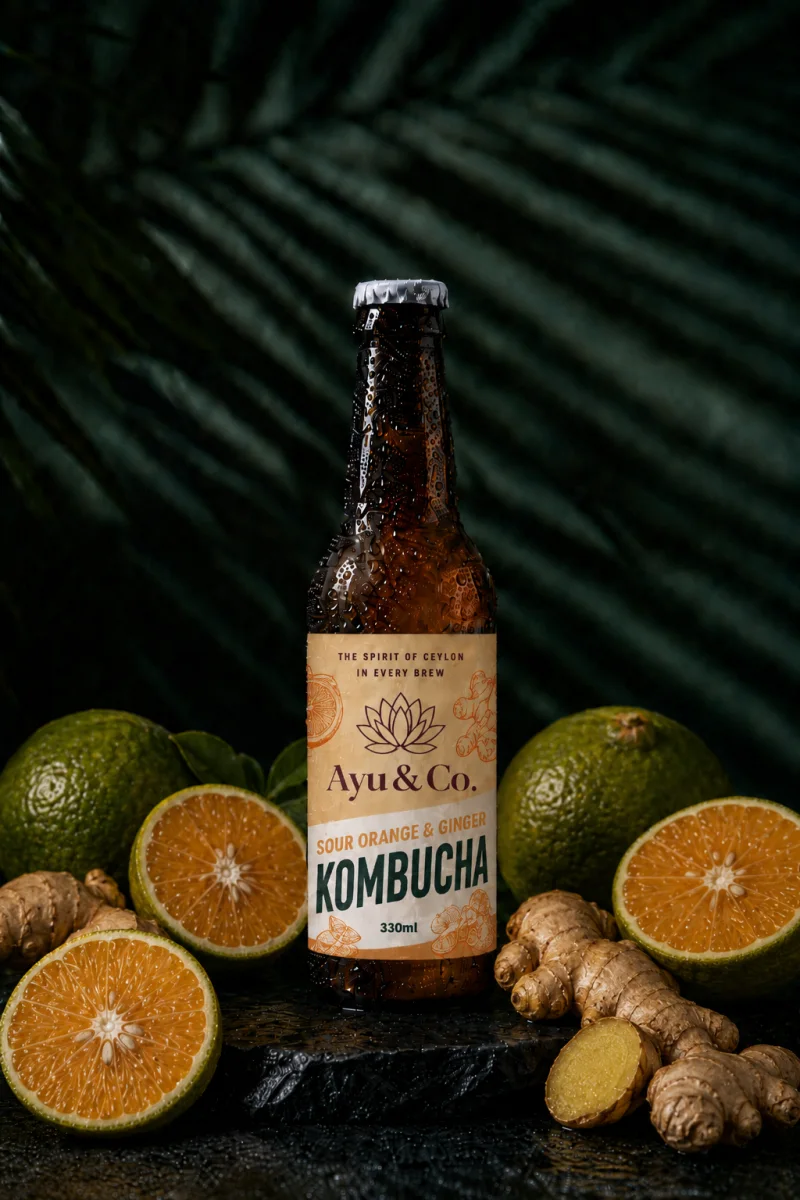 Ayu & Co. Sour Orange & Ginger Kombucha bottle surrounded by sour oranges and fresh ginger